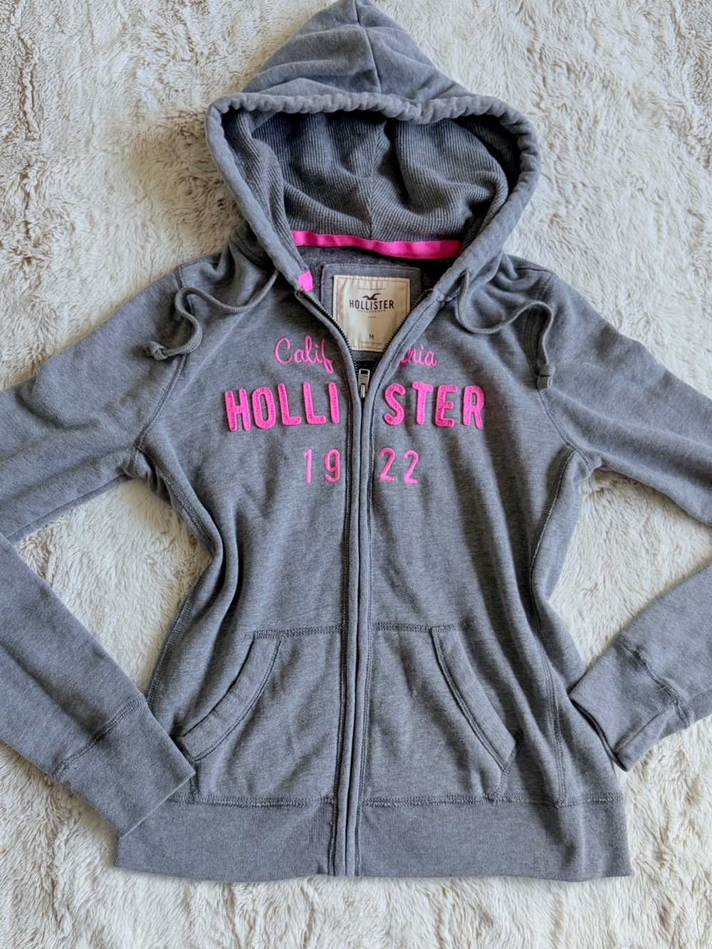 🩷 Hollister Y2K Grey Pink Logo Full Zip Hoodie McBling Mall Bella Swan Preppy - Picture 1 of 13